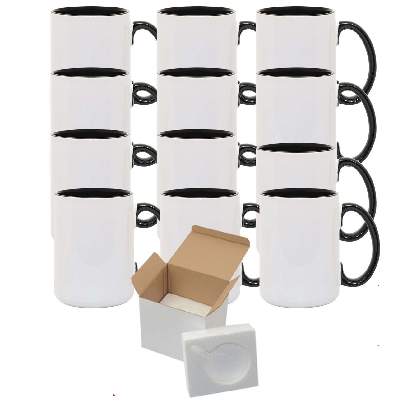 12 Pcs 11OZ Black Inside & Handle Sublimation Mugs With Foam Support Boxes